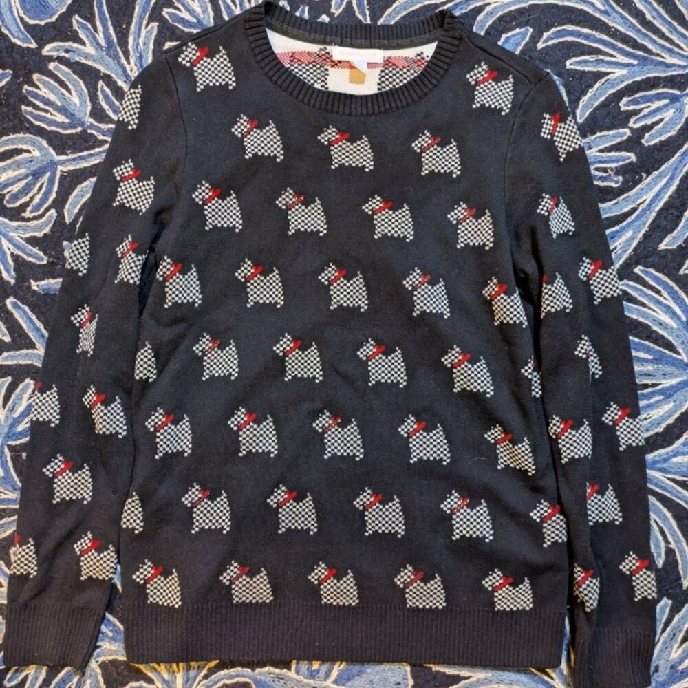Charter Club Womens Sweater Petite Medium Scottish Terrier Black Red Rhinestones